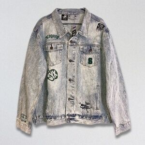 SYX Denim Jacket Custom Embroidered Graphic Front Chest Pocket Blue Men’s XL NWT